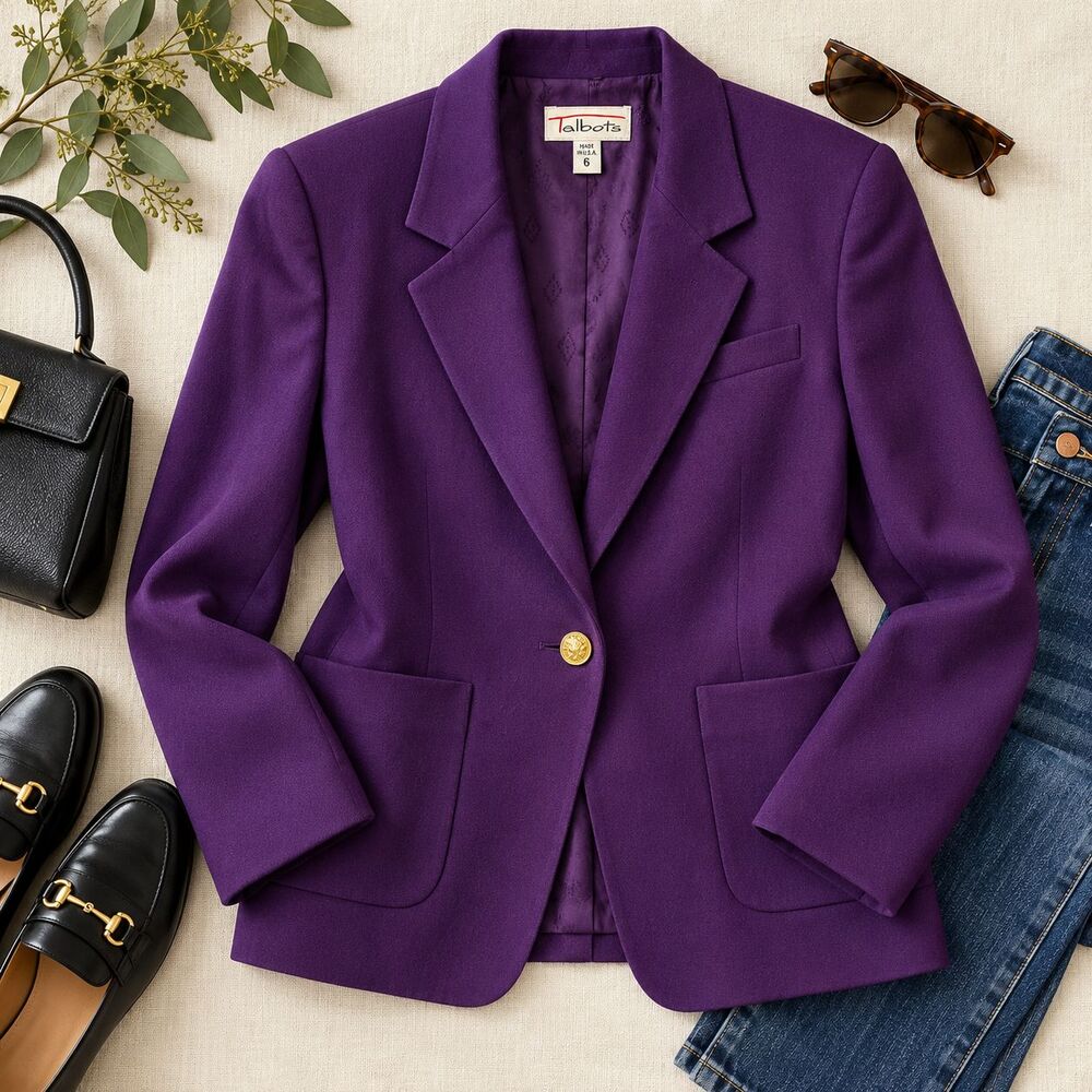 Vintage Talbots Purple Worsted Wool Blazer Women’s Size 6 Gold Crest Button USA